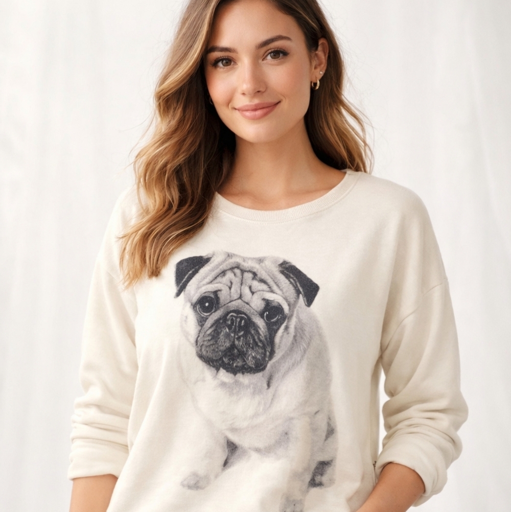 H&M Cute Pug Dog Graphic Sweatshirt Cream Pullover Size Small